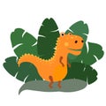 Cute, cartoon dinosaur tyrannosaur on the background of bushes of tropical palm leaves. Vector illustration Royalty Free Stock Photo