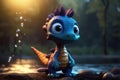 Cute Cartoon Dinosaur With Very Big Eyes And Pitying Gaze A Forest With A Glowing Lake. Generative AI