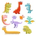 Cute Cartoon Dinosaurs Icon Set on White Background. Vector