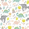 Cute cartoon dinosaurs are walking in a meadow with flowers. Seamless pattern La design of children`s clothing, fabrics, cards and