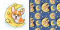 cute cartoon dog corgi with moon and stars