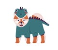 Cute cartoon dog in funny dinosaur costume standing isolated on white background. Adorable domestic animal wearing funny Royalty Free Stock Photo