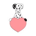 Cute cartoon dog holding his heart in his paws. Valentine`s Day greeting card with space for text. Design for invitation, card, Royalty Free Stock Photo