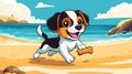 Happy Cartoon Puppy Running on Beach with Bone, Summer Vacation Dog Art Royalty Free Stock Photo