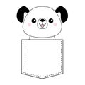 Cute cartoon dog in the pocket. Doodle contour linear sketch. Puppy pooch character. Funny pet animal. Dash line. White and black