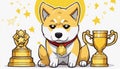 A cute cartoon dog sitting on a table with three trophies