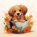 cute cartoon dog in a tea cup surrounded by flowers Royalty Free Stock Photo