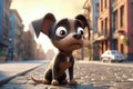 Cute Cartoon Dog With Very Big Eyes And Pitying Gaze In Front Of A Big Cartoon City Street. Generative AI