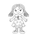 Cute cartoon doll or little girl for coloring page or book. Chilren toy concept. Black and white illustration Royalty Free Stock Photo