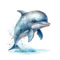 Cute cartoon dolphin baby watercolor. kawaii. digital art. concept art. isolated on a white background Royalty Free Stock Photo