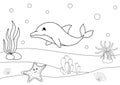 Cute cartoon dolphin. Coloring book or page for kids. Sea life Royalty Free Stock Photo