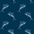 Cute cartoon dolphin vector pattern on a dark blue background.