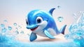 Cute cartoon dolphin, water drops