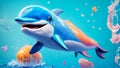 Cute cartoon dolphin, splash water drops adorable funny amusing playful color banner