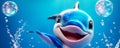 Cute cartoon dolphin, splash water drops adorable funny amusing playful color