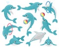 Cute cartoon dolphins. Underwater fauna mammal character, funny dolphin performing tricks. Dolphin ocean mascot vector