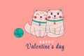 Cute cartoon doodle of cats in love in tangle of threads. St. Valentine\'s Day