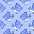 Cute cartoon doodle flying fantasy bird seamless pattern.