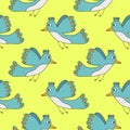 Cute cartoon doodle flying fantasy bird seamless pattern.