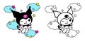 Cute cartoon doodle kawaii kitty flying in the clouds