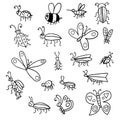 Cute cartoon doodle linear midge, fly, bug, butterfly, bee