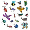 Cute cartoon doodle linear midge, fly, bug, butterfly, bee
