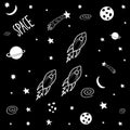 Cute cartoon doodle rockets in outer space. Galaxy pattern for prints on t-shirt, fabric, paper. Vector stock illustration