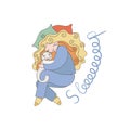 Cute cartoon doodle sleeping girl. Good Night postcard or print.