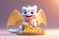 Cute cartoon dragon eats a piece of pizza. Illustration of an animal for menu and prints. Little cute dinosaur with a