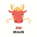 Cute cartoon dragon face, Asian zodiac sign