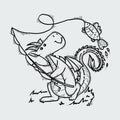 Cute cartoon dragon with fish, doodle fishing childish