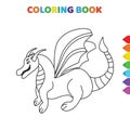Cute cartoon dragon front view coloring book for kids. black and white vector illustration for coloring book. dragon front view