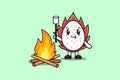 Cute cartoon dragon fruit is burning marshmallow Royalty Free Stock Photo