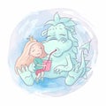 Cute cartoon dragon and princess girl are best friends. Watercolor illustration Royalty Free Stock Photo