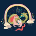 Cute cartoon dragon, unicorn and little princess Royalty Free Stock Photo