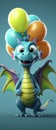 Cute Cartoon Dragon With Very Big Eyes Holding Gel Colored Balloons. Generative AI