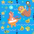 Cute cartoon drawing of a mermaid playing with unicorn