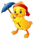 Cute cartoon duck with blue umbrella and red headband