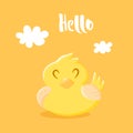 Cute cartoon duck and clouds on orange background. Hello poster. Vector