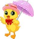 Cute cartoon duck with pink umbrella