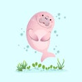 Cute cartoon dugong swimming underwater with seagrass