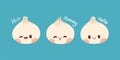 Cute cartoon dumplings vector drawing. Traditional Japanese dumplings with funny smiling faces. Kawaii asian food vector