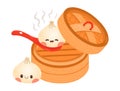 Cute cartoon dumplings vector drawing. Traditional Japanese dumplings with funny smiling faces. Kawaii asian food vector