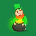 Cute cartoon dwarf Leprechaun with pot of gold. Saint Patricks Day fairy tale colorful character