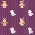 Cute cartoon eagle-owl with purple, orange and white ethnic ornament