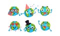 Set Of Cute Cartoon Earth Globe With Different Emotions Vector Illustrations Royalty Free Stock Photo