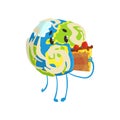 Cute cartoon Earth planet character eating a piece of cake, funny globe emoji vector Illustration