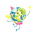 Cute cartoon Earth planet wearing party hat and pink skirt having fun, funny globe character vector Illustration Royalty Free Stock Photo