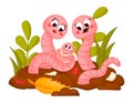 Cute cartoon earthworm family characters holding newborn and sitting on the ground Royalty Free Stock Photo