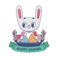 Cute cartoon easter bunny holding festive eggs